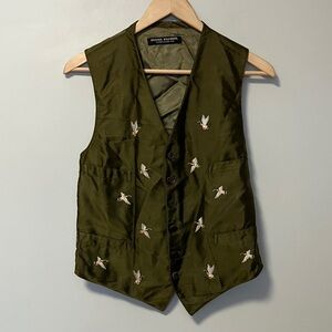Brooks Brothers Vintage Silk Shiny Olive Green Vest with Ducks Embroidery